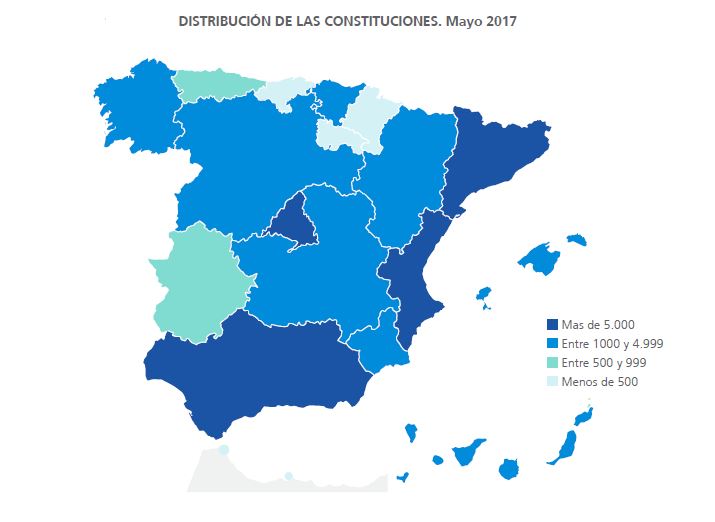distribución de la creación de empresas en España en mayo de 2017