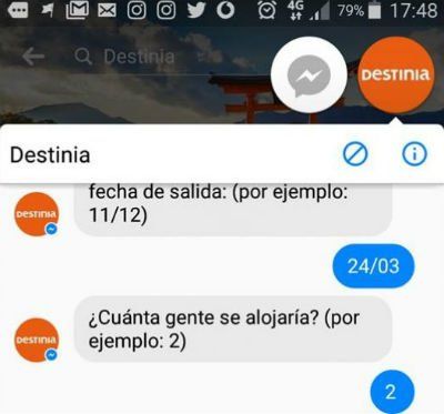 Destinia, hace uso del bot de Facebook Messenger para la búsqueda de hoteles.